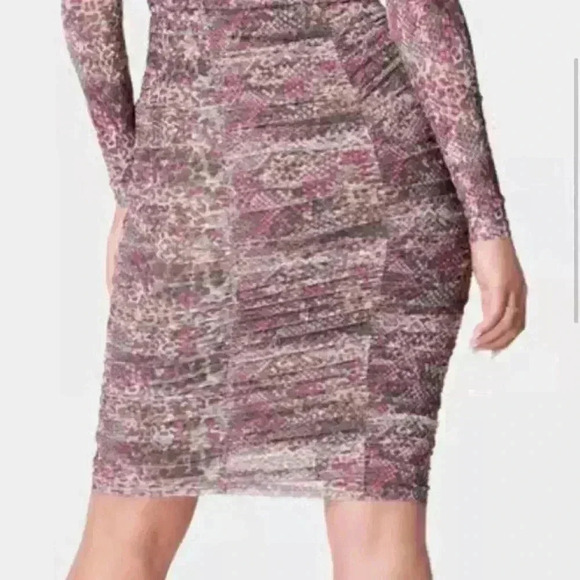 Bebe Ruched Mesh Midi Skirt, Pink Multi Snake Print, Lined, Size XL. NWT! - Picture 3 of 15